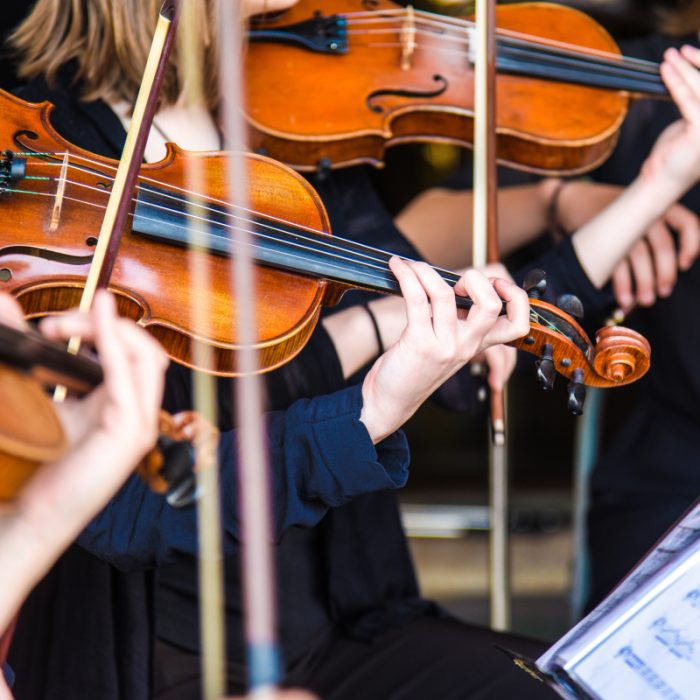 Músicos de orquestra tocando violinos em concerto ao vivo do Symphony Sounds.