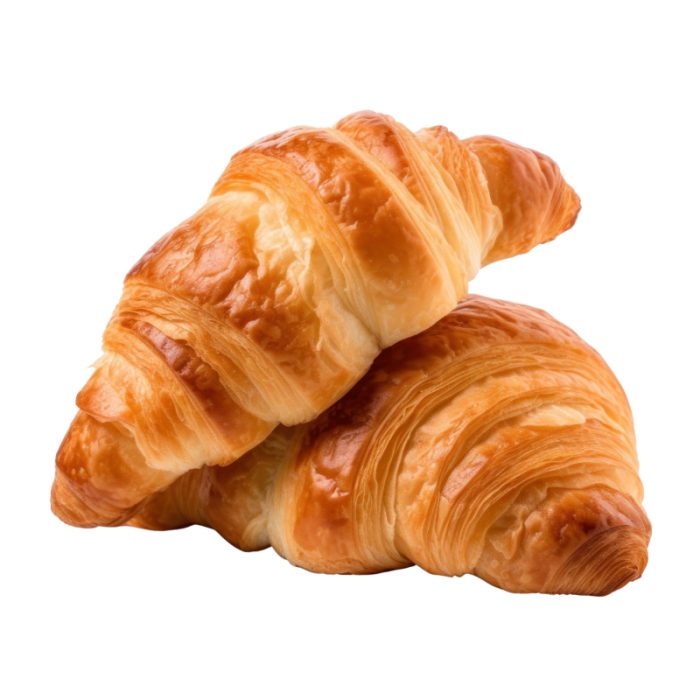 Dois croissants franceses amanteigados, dourados e folhados, sobre fundo branco.