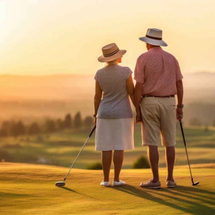 Casal idoso observando o pôr do sol em campo de golfe, transmitindo tranquilidade e lazer.